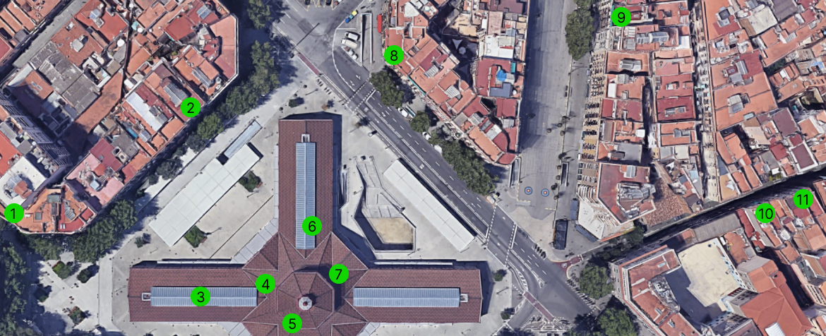 A satellite image of the blocks around Sant Antoni market in Barcelona with fruit vendors marked.